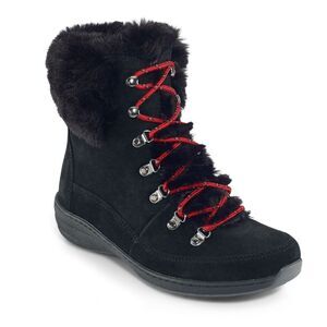 Aetrex Jodie Fur Boot Womens Size 10 Black Suede Red Lace-Up Ankle Waterproof